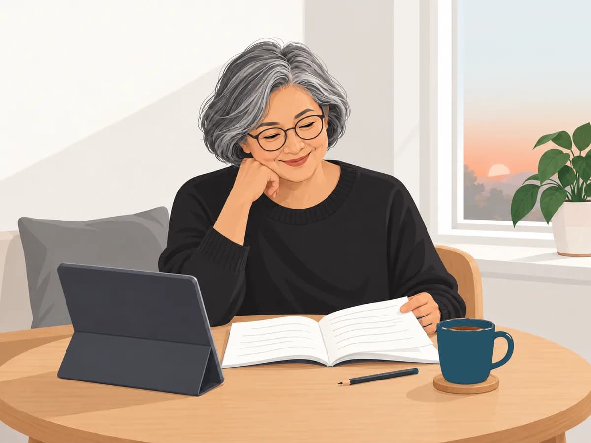 Une femme dans la soixantaine sourit en lisant un document ouvert sur sa table, un crayon et une tasse à portée de main, sa tablette à côté d’elle.