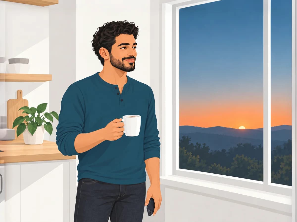 Un homme dans la trentaine, café à la main et téléphone le long du corps, regarde par la fenêtre le soleil se lever sur les collines, un léger sourire aux lèvres.