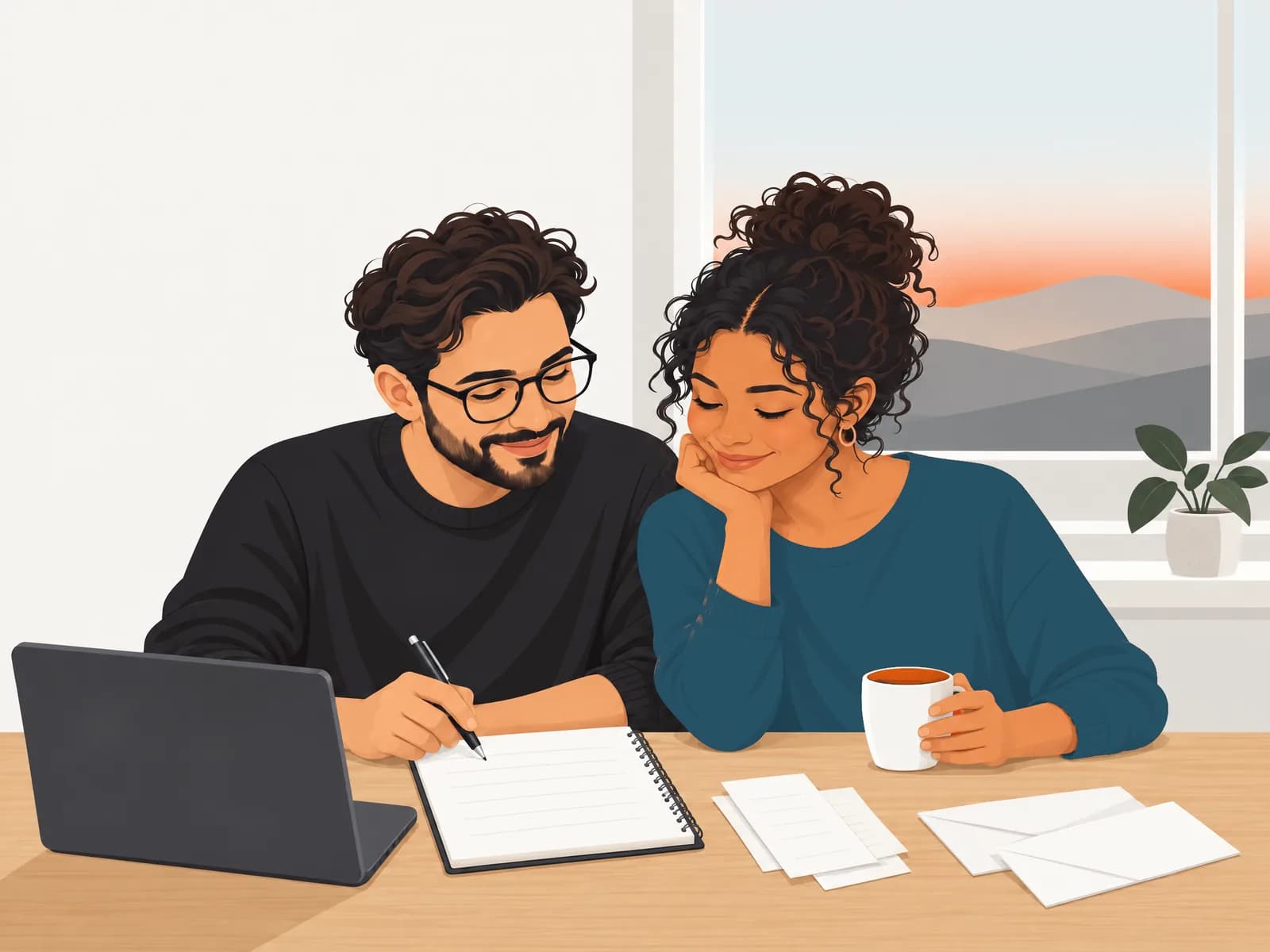 Un couple fait son budget à la table de la cuisine : il écrit dans un carnet, elle sourit, une tasse à la main.